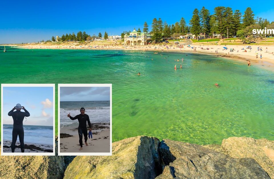An image of North Cottesloe Beach, Perth, with inset pictures of Swimin12 EVO Tribe coach Eric preparing to swim in the ocean there
