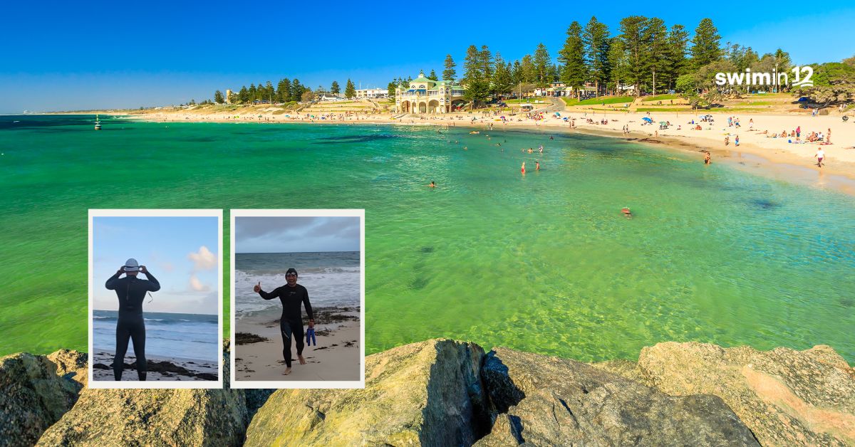 An image of North Cottesloe Beach, Perth, with inset pictures of Swimin12 EVO Tribe coach Eric preparing to swim in the ocean there